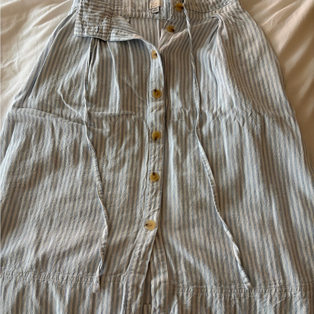 Striped Button-Front Midi Skirt | Blue & White | Tie Waist